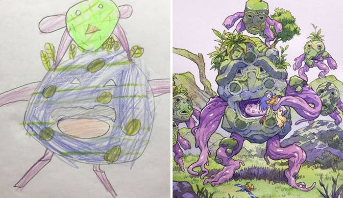 Художник рисует героев аниме на основе рисунков своих сыновей